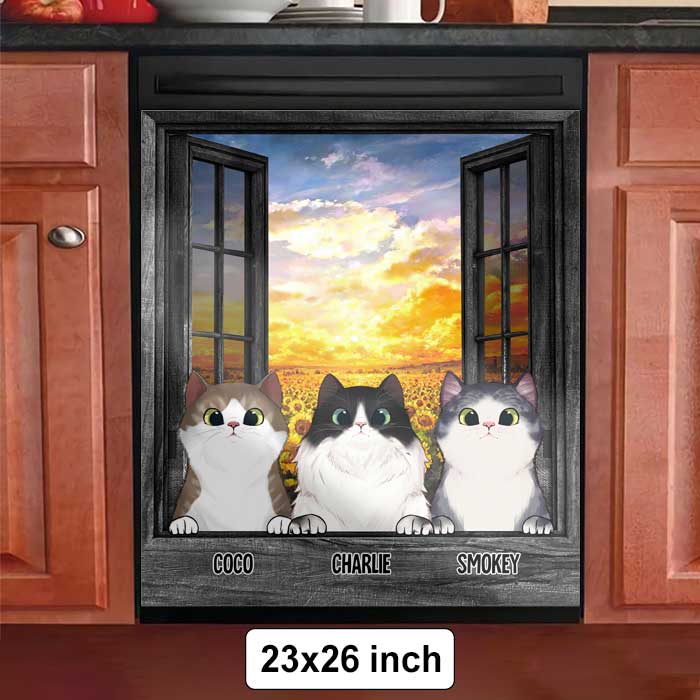Custom Name Cat Window Scene Kitchen Decor - Personalized Dishwasher Cover