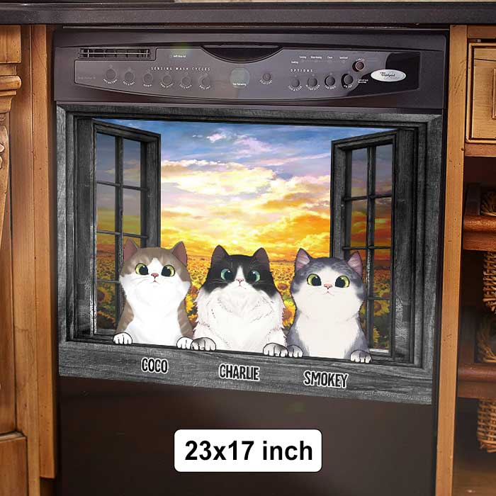 Custom Name Cat Window Scene Kitchen Decor - Personalized Dishwasher Cover