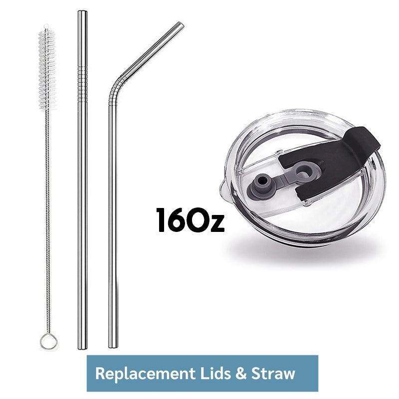 Combo 1 Replacement Lid, 2 Straws And 1 Cleaner Brush - BPA Free Lid, Stainless Steel Metal Straws With Cleaner Brush Set - Reusable Drinking Accessories For Can Cooler Tumbler