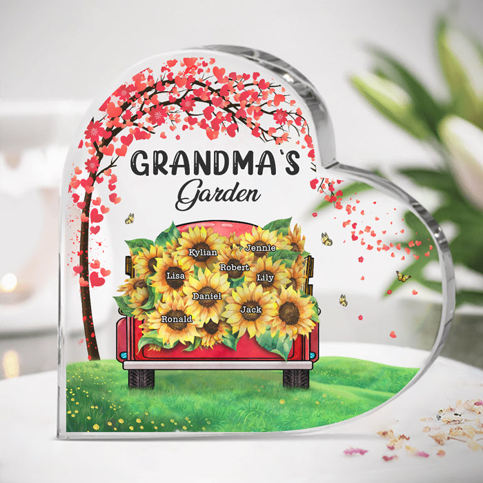 Grandma Sunflowers Garden - Family Personalized Custom Heart Shaped Acrylic Plaque - Mother's Day, Birthday Gift For Grandma