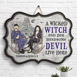 Custom Name Halloween Witch and Devil Couple Decor - Personalized Wood Sign