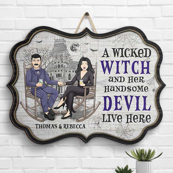 Custom Name Halloween Witch and Devil Couple Decor - Personalized Wood Sign