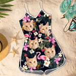 Tropical Cat Flamingo Beachwear for Cat Lovers - Sleeveless Romper