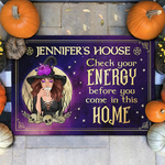 Custom Name Witch Halloween Check Your Energy Decor - Personalized Doormat