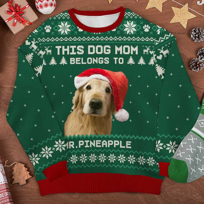 This Dog Mom Belongs To - Personalized Custom Unisex Ugly Christmas Sweatshirt, Wool Sweatshirt, All-Over-Print Sweatshirt - Upload Image, Gift For Dog Lovers, Pet Lovers, Christmas Gift