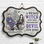 Custom Name Halloween Witch and Devil Couple Decor - Personalized Wood Sign