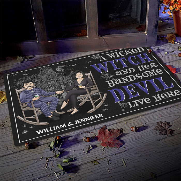 Custom Name Witch and Devil Halloween Decor - Personalized Doormat