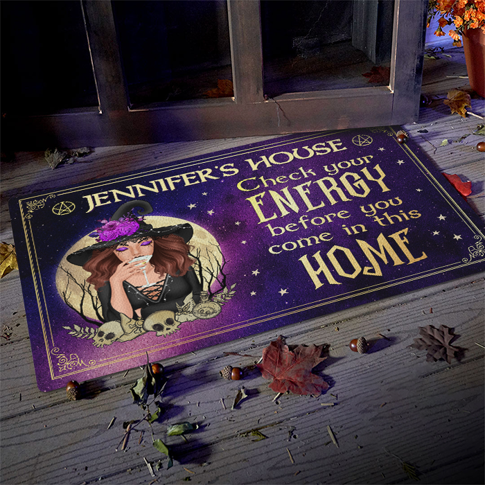 Custom Name Witch Halloween Check Your Energy Decor - Personalized Doormat