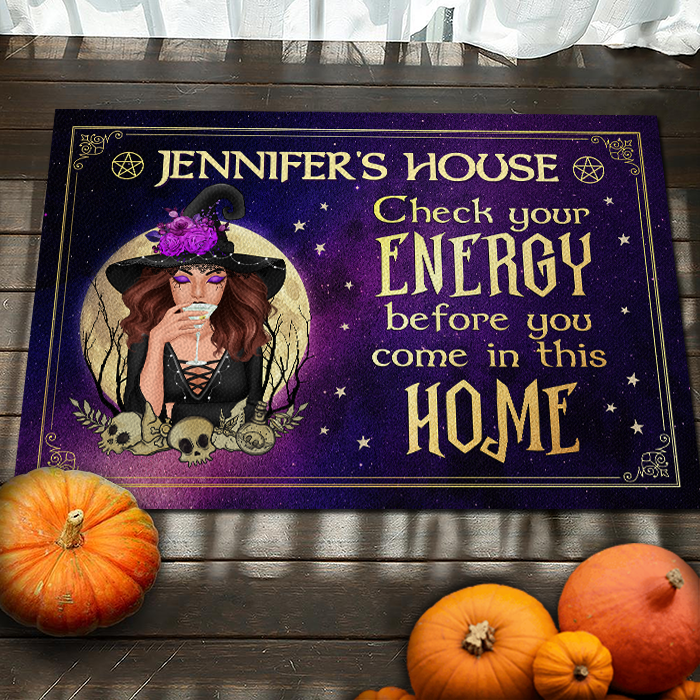 Custom Name Witch Halloween Check Your Energy Decor - Personalized Doormat