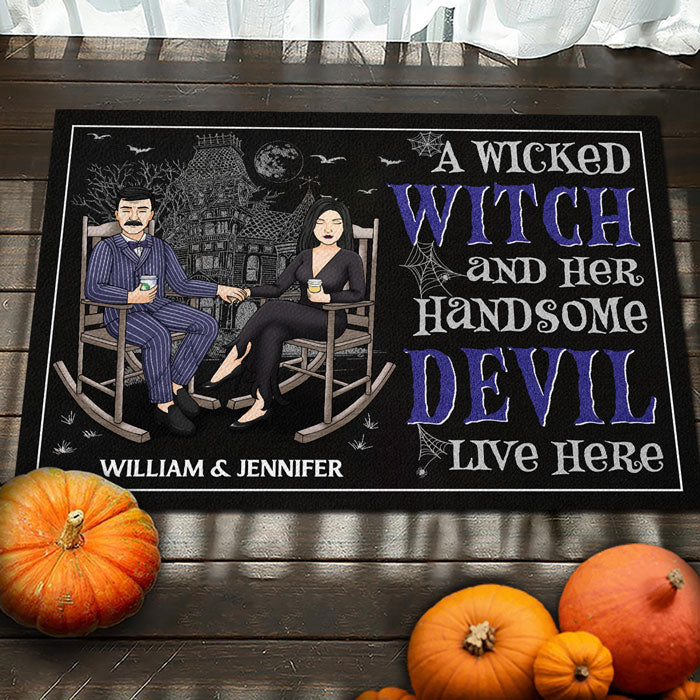 Custom Name Witch and Devil Halloween Decor - Personalized Doormat