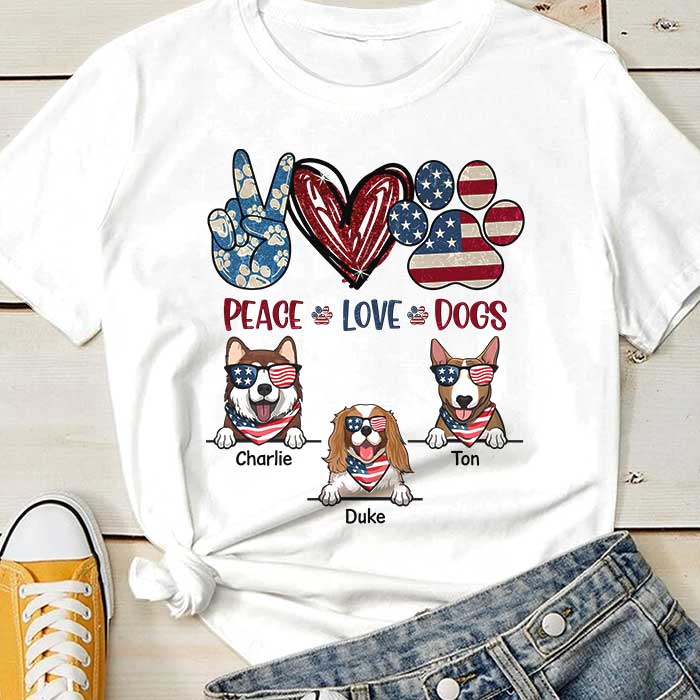 Custom Name Patriotic Peace Love Dogs Gifts - Personalized Apparel