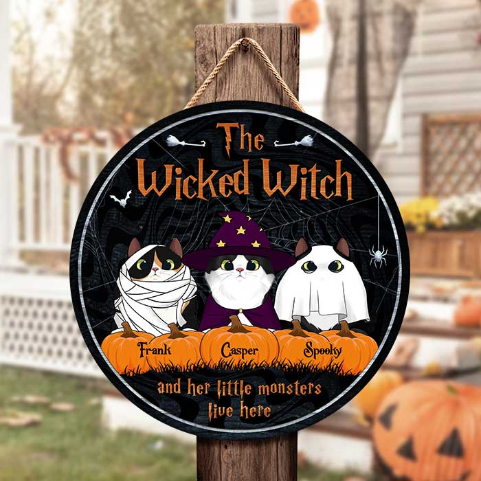 Custom Name Halloween Cat Family Decor - Personalized Wood Sign