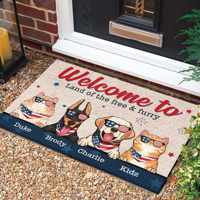 Welcome To The Land Of The Free & Furry - 4th Of July Funny Personalized Pet Decorative Mat (Cat & Dog)