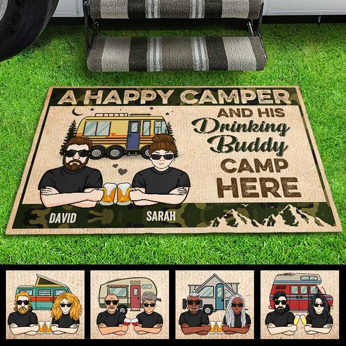 A Happy Camper And His Drinking Buddy Camp Here - Gift For Camping Couples, Personalized Decorative Mat