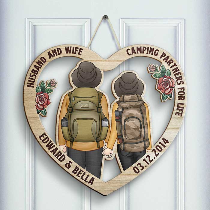 Husband And Wife, Camping Partners For Life - Gift For Camping Couples, Husband Wife, Personalized Shaped Wood Sign