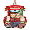 A Happy Couple & Their Dogs Are Sitting On The Back Of A Red Truck - Couple Personalized Custom Ornament - Wood Unique Shaped - Christmas Gift For Husband Wife, Anniversary, Pet Lovers, Pet Owners