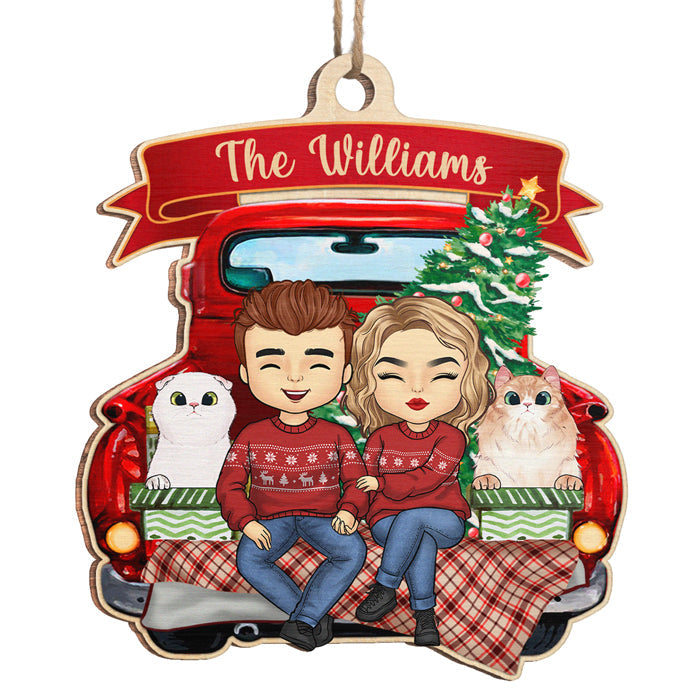 A Happy Couple & Their Dogs Are Sitting On The Back Of A Red Truck - Couple Personalized Custom Ornament - Wood Unique Shaped - Christmas Gift For Husband Wife, Anniversary, Pet Lovers, Pet Owners