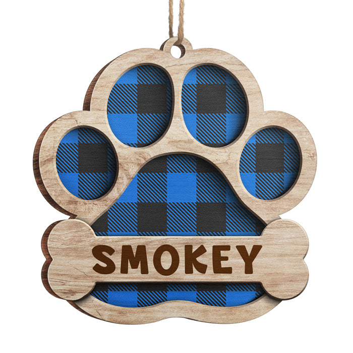 Red Blue Yellow Green Buffalo Plaid Patterns - Personalized Custom Paw Shaped Wood Christmas Ornament - Gift For Dog Lovers, Pet Lovers, Christmas Gift