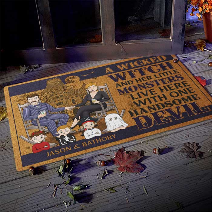 A Wicked Witch & A Handsome Devil Live Here With Their Lil Monsters - Personalized Decorative Mat - Gift For Couple, Husband Wife, Halloween Gift