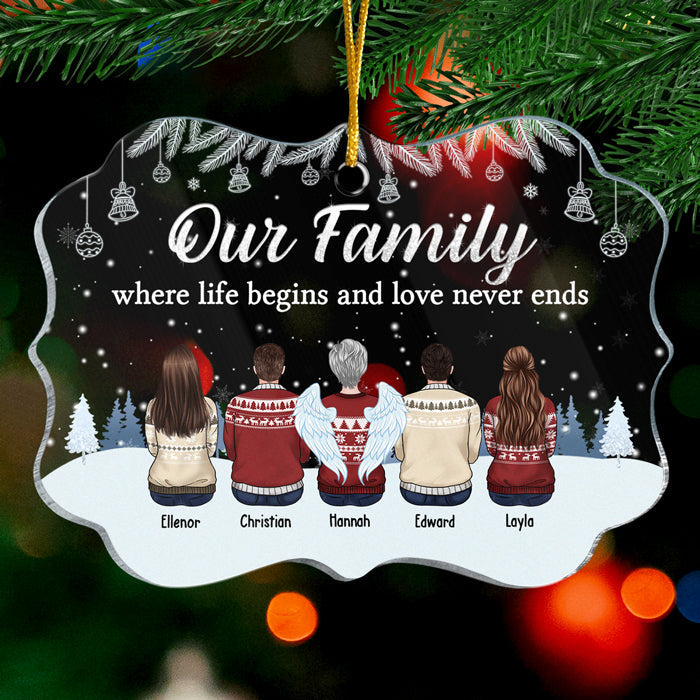 Our Family Where Life Begins & Love Never Ends - Personalized Custom Benelux Shaped Acrylic Christmas Ornament - Gift For Family Members, Christmas Gift