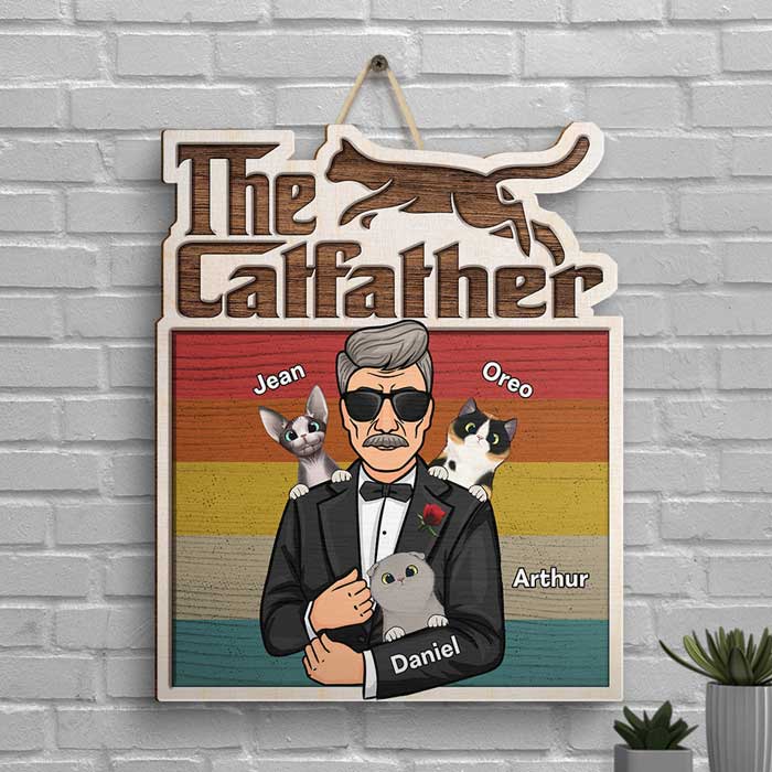 The Catfather - Personalized Shaped Wood Sign - Gift For Dad