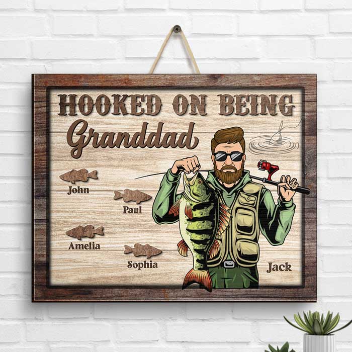 Hooked On Being Grandpa - Personalized Shaped Wood Sign - Gift For Grandpa, Grandparents
