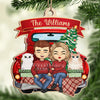 A Happy Couple & Their Dogs Are Sitting On The Back Of A Red Truck - Couple Personalized Custom Ornament - Wood Unique Shaped - Christmas Gift For Husband Wife, Anniversary, Pet Lovers, Pet Owners