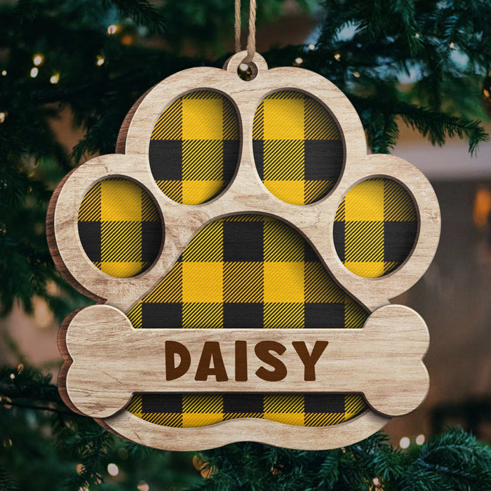 Red Blue Yellow Green Buffalo Plaid Patterns - Personalized Custom Paw Shaped Wood Christmas Ornament - Gift For Dog Lovers, Pet Lovers, Christmas Gift