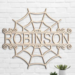 Custom Name Spider Web Halloween Decor - Personalized Wood Sign