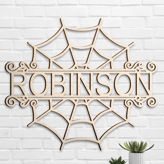 Custom Name Spider Web Halloween Decor - Personalized Wood Sign