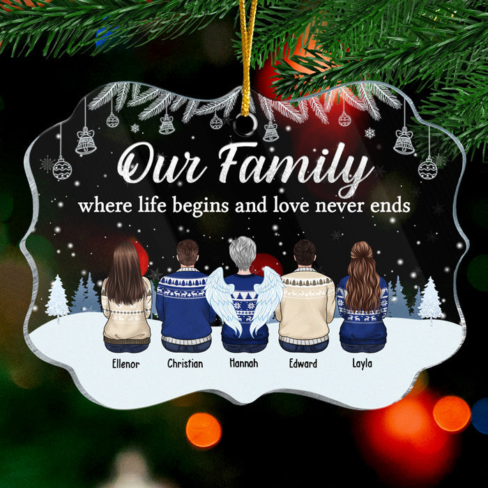 Our Family Where Life Begins & Love Never Ends - Personalized Custom Benelux Shaped Acrylic Christmas Ornament - Gift For Family Members, Christmas Gift