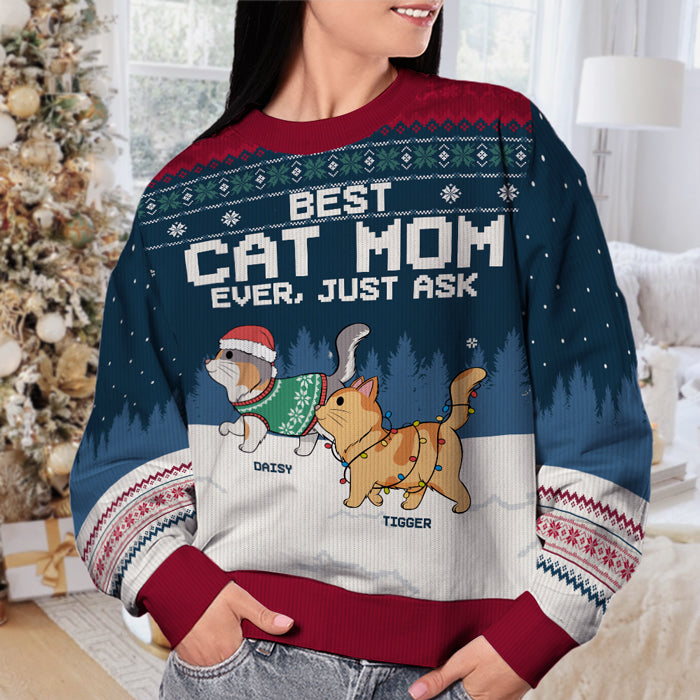 Best Cat Mom, Cat Dad Ever Just Ask - Cat Personalized Custom Ugly Sweatshirt - Unisex Wool Jumper - Christmas Gift For Pet Owners, Pet Lovers