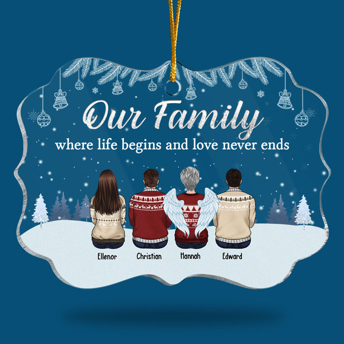 Our Family Where Life Begins & Love Never Ends - Personalized Custom Benelux Shaped Acrylic Christmas Ornament - Gift For Family Members, Christmas Gift