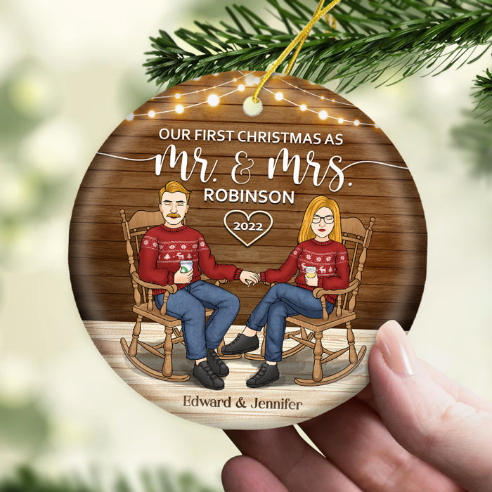 Our First Christmas As Mr. & Mrs. - Personalized Custom Round Shaped Ceramic Christmas Ornament - Gift For Couple, Husband Wife, Anniversary, Engagement, Wedding, Marriage Gift, Christmas Gift