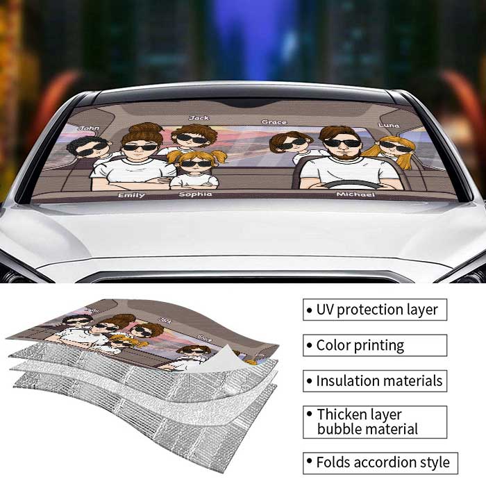 Happy Family Road Trip - Personalized Auto Sunshade - Gift For Couples, Husband Wife