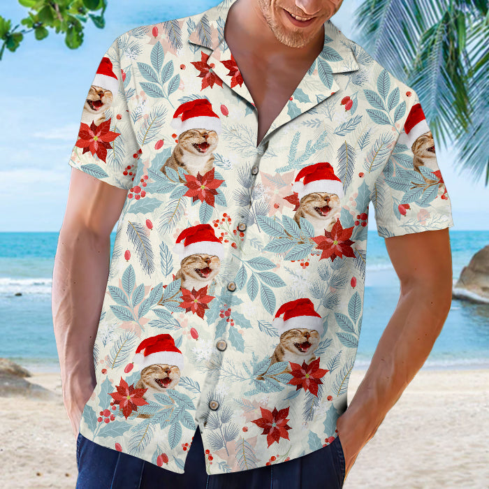 Christmas Floral Pattern - Dog & Cat Personalized Custom Unisex Hawaiian Shirt - Upload Image, Dog Face, Cat Face - Summer Vacation Gift, Gift For Pet Owners, Pet Lovers