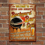 Custom Name Backyard Bar and Grill Decor - Personalized Metal Sign