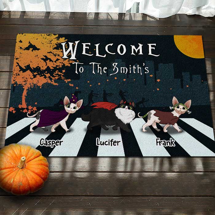 Halloween For Cats - Welcome To The Cat Family Crosswalk - Personalized Decorative Mat, Halloween Ideas.