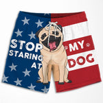 Funny Stop Staring at My Dog Couple Gifts - Couple Beach Shorts