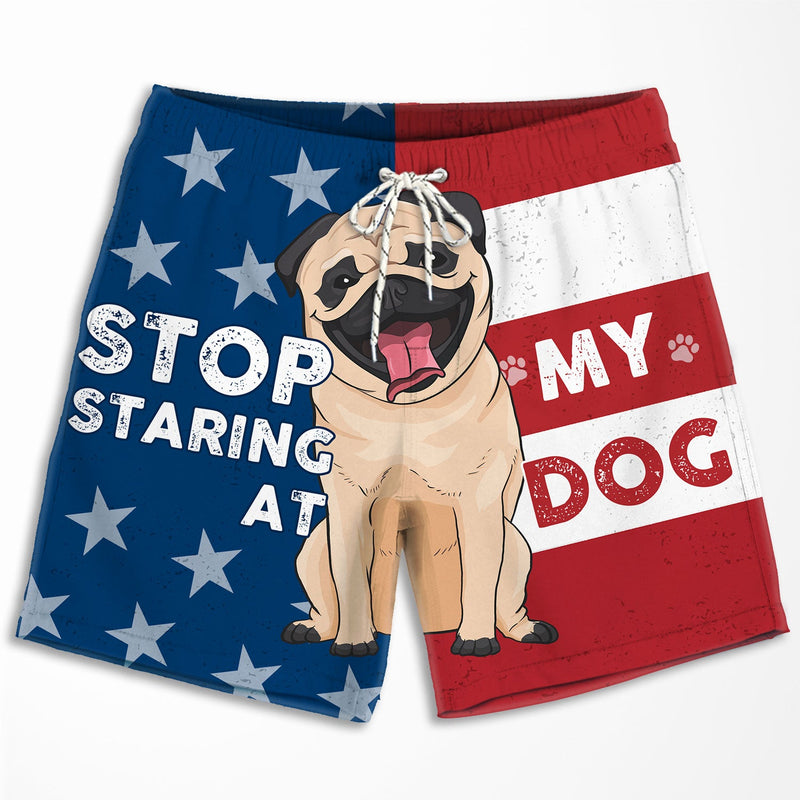 Funny Stop Staring at My Dog Couple Gifts - Couple Beach Shorts