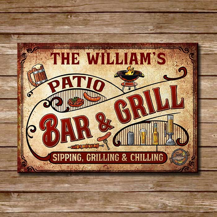 Custom Name Backyard Bar & Grill Gifts - Personalized Metal Sign