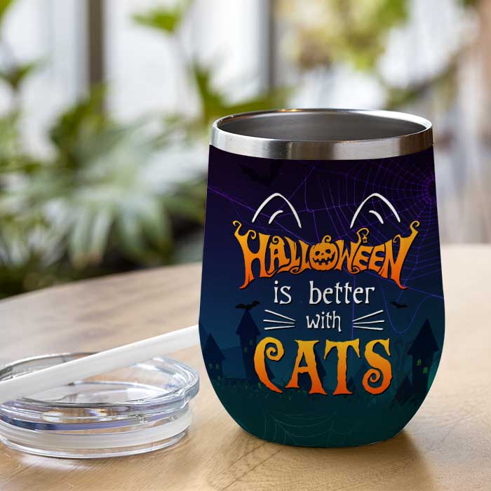 Life Is Better With Cats Halloween - Personalized Wine Tumbler