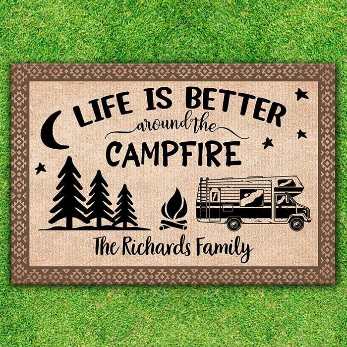 Custom Family Name Campfire Camping Decor - Personalized Doormat