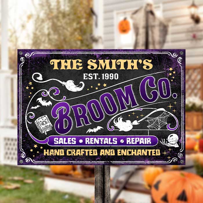 Custom Name Witch Broom Company Decor - Personalized Metal Sign