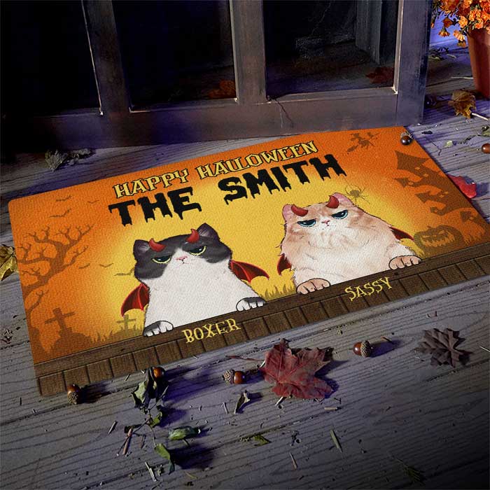 Custom Name Halloween Cat Family Decor - Personalized Doormat
