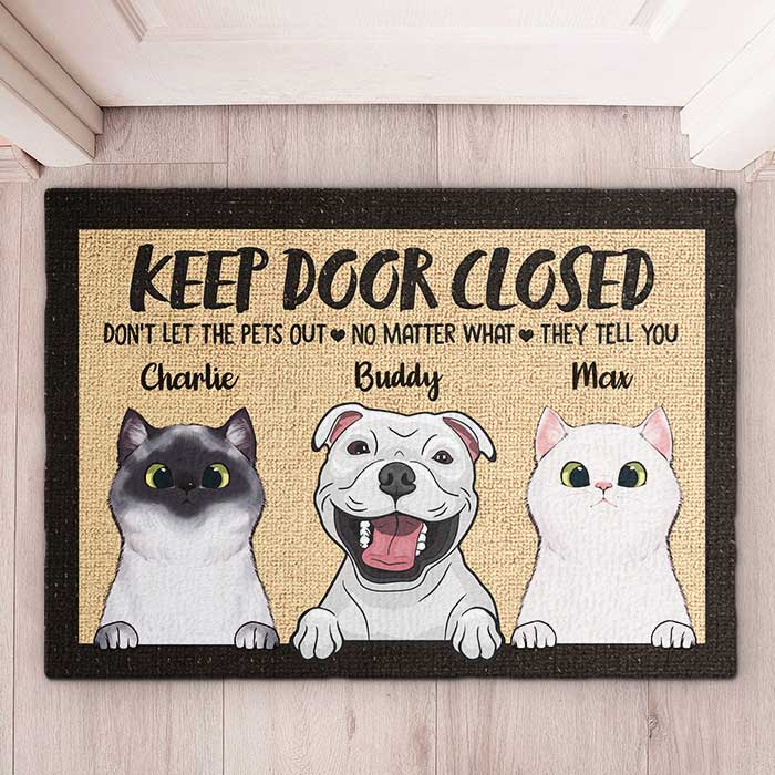Don't Let The Pets Out - Funny Personalized Decorative Mat, Doormat (Cat & Dog)