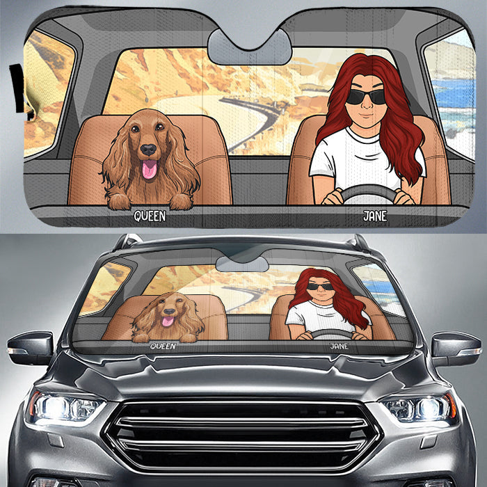 Custom Name Cartoon Dog Car Gifts for Dog Lovers - Personalized Auto Sunshade