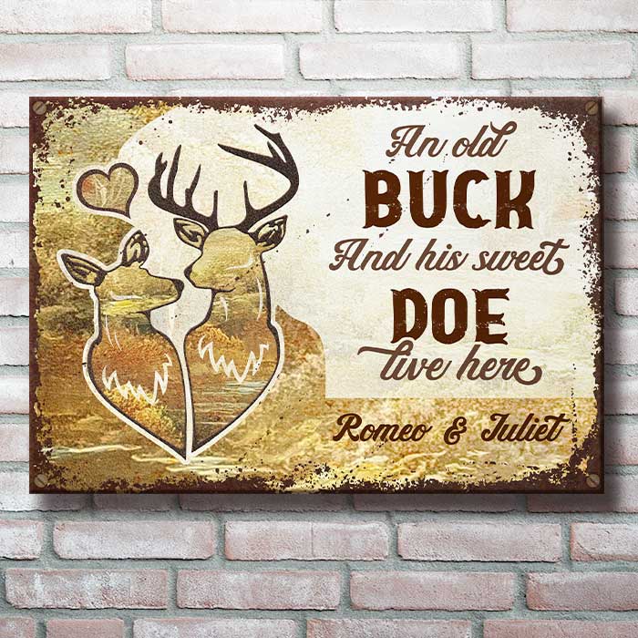 Custom Name Buck and Doe Couple Decor - Personalized Metal Sign