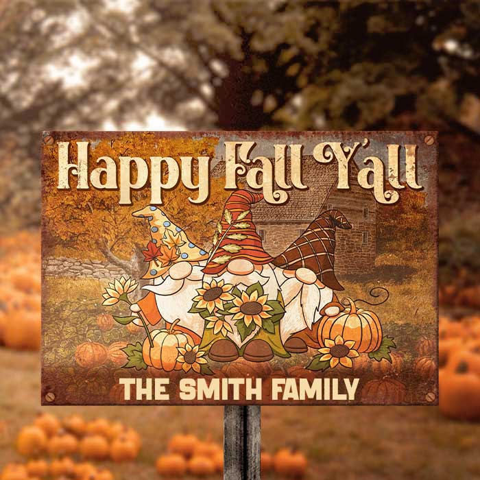 Custom Name Fall Gnome Family Decor - Personalized Metal Sign