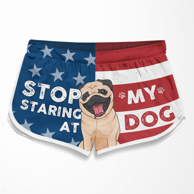 Funny Stop Staring at My Dog Couple Gifts - Couple Beach Shorts